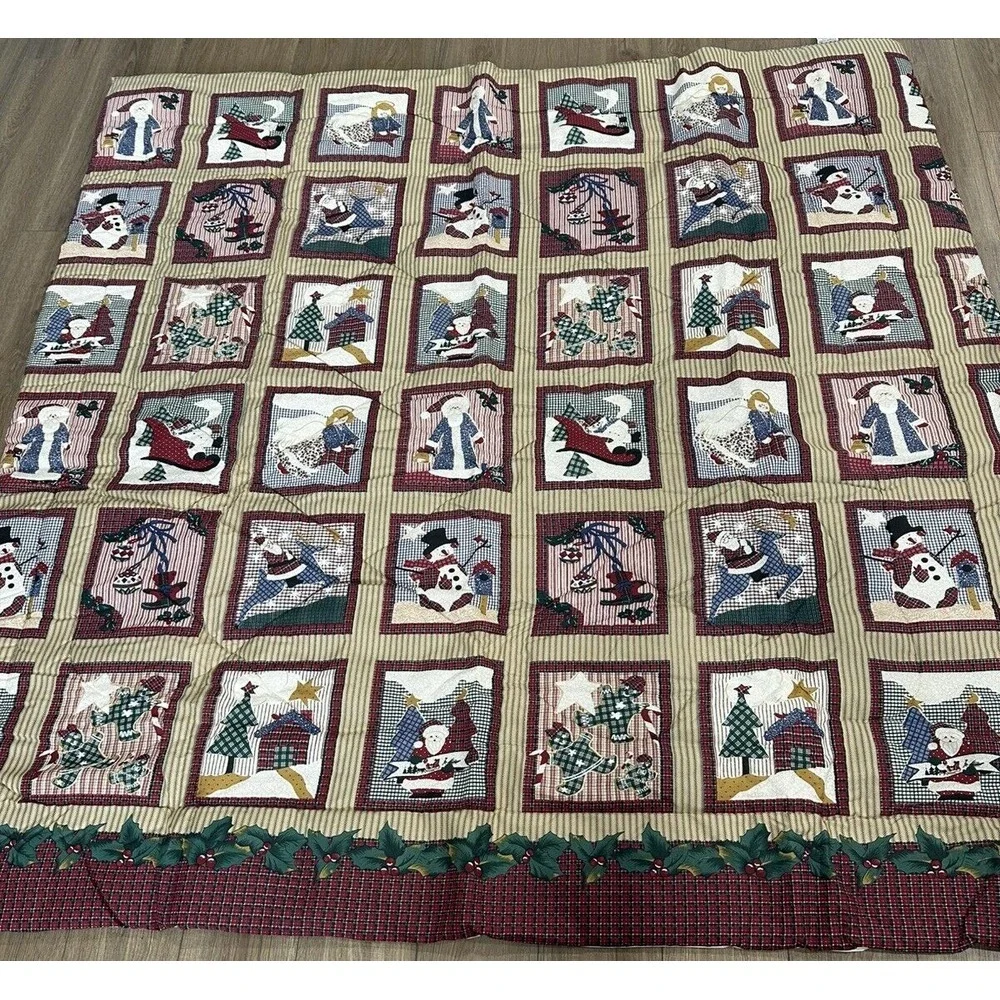 Vintage Christmas Queen Bedspread Santa Claus, Christmas Trees, Snowman NEW